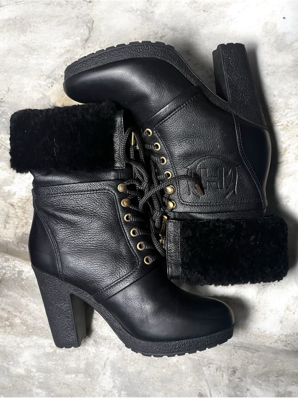 Hunter Chandra Black Leather Shearling Lace-Up Heeled Boots US 7 EU 37